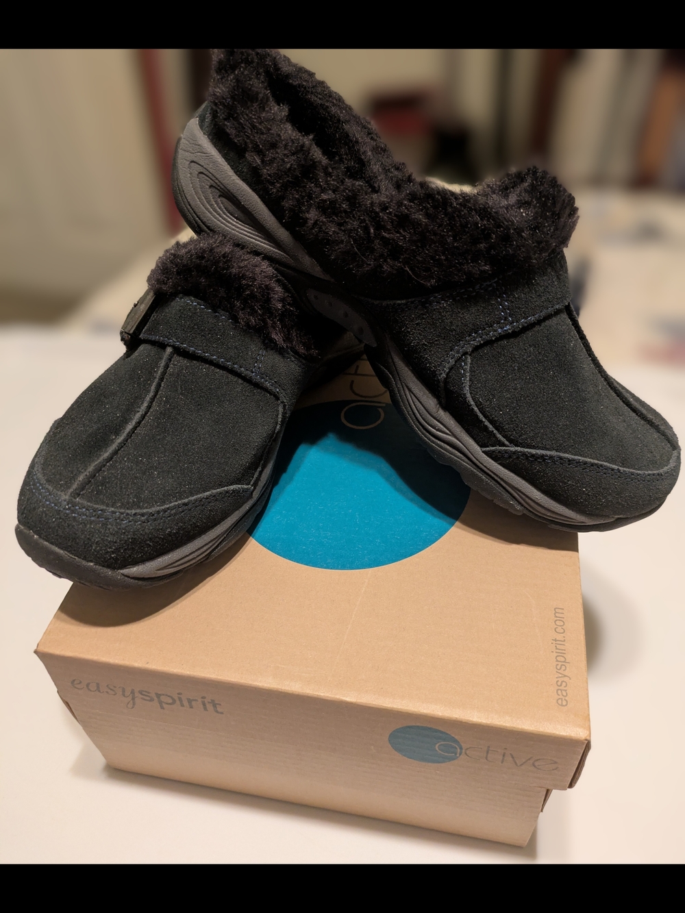 Easy Spirit Winterized Suede Black Faux Fur Slip-On Clog Y2K